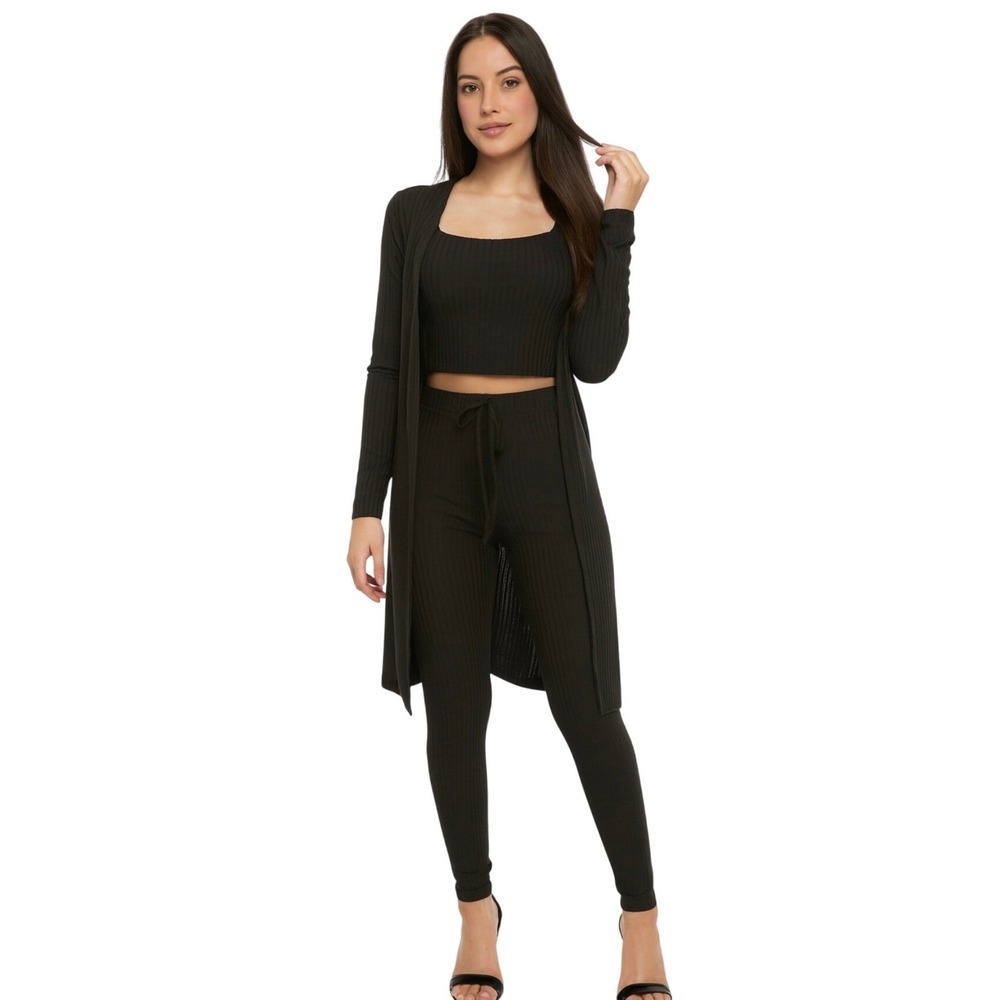 NWOT Ribbed Knit 3 Piece Set Black Duster Crop Top Pants Lounge Set